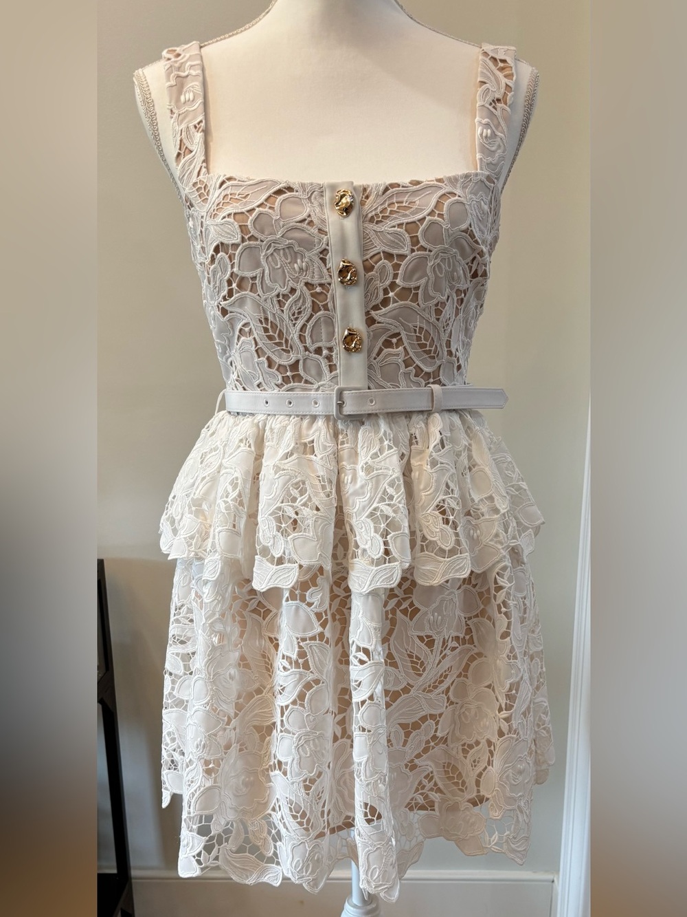 Self Portrait White  Lace Layered Skirt Square Neck Belted Wedding Dress, Size